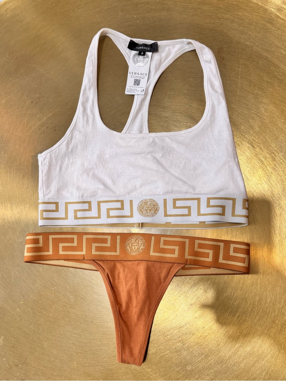 Versace White Racerback Logo Bralette & Rust Thong Set